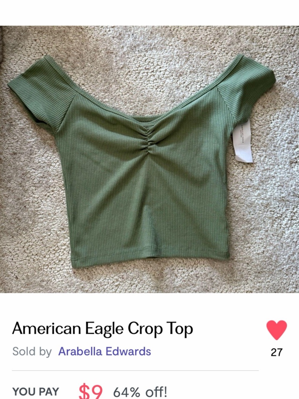 American Eagle Outfitters Olive Ribbed Off-Shoulder Crop Tee